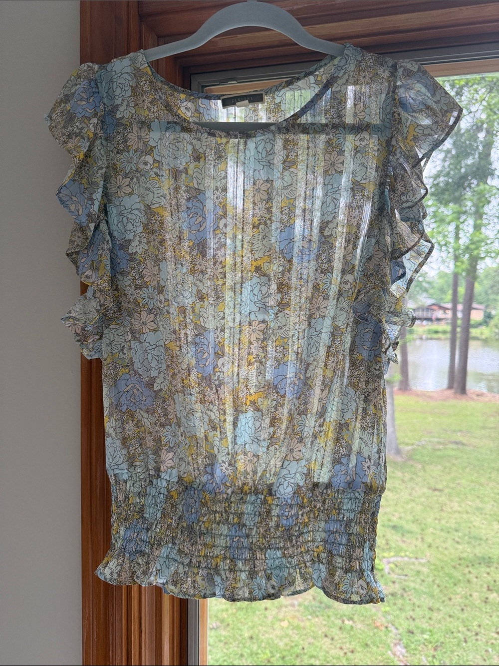 Pleione Sheer Floral Ruffle Sleeve Blouse in Blue and Yellow